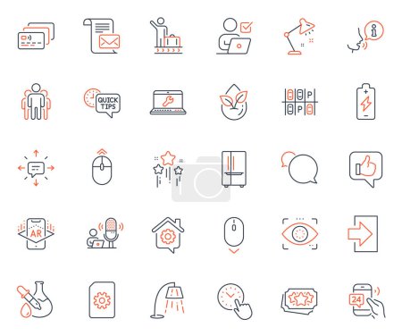 Illustration for Technology icons set. Included icon as Mail letter, Luggage belt and Online voting web elements. Table lamp, Like, Swipe up icons. Work home, Chemistry experiment, 24h service web signs. Vector - Royalty Free Image