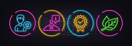 Illustration for Certificate, Person idea and Interview minimal line icons. Neon laser 3d lights. Leaf icons. For web, application, printing. Verified award, Lamp energy, Job meeting. Nature leaves. Vector - Royalty Free Image