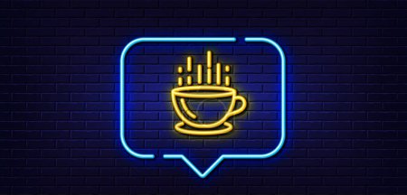 Illustration for Neon light speech bubble. Coffee cup line icon. Hot tea drink sign. Hotel service symbol. Neon light background. Coffee cup glow line. Brick wall banner. Vector - Royalty Free Image
