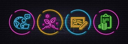 Illustration for Grow plant, Photo edit and Outsource work minimal line icons. Neon laser 3d lights. Accounting icons. For web, application, printing. Leaves, Change image, Remote worker. Finance clipboard. Vector - Royalty Free Image