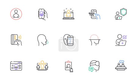 Illustration for Contactless payment, Cough and Education line icons for website, printing. Collection of Shield, Online voting, Employees talk icons. Face scanning, Best manager, Cyber attack web elements. Vector - Royalty Free Image