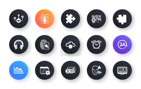 Illustration for Minimal set of Investment graph, Alarm clock and Bitcoin chart flat icons for web development. Quick tips, Puzzle, 24 hours icons. Message, Voice wave, Correct way web elements. Inspect. Vector - Royalty Free Image