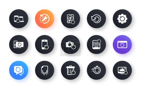 Illustration for Recovery icons. Backup, Restore data and recover file. Laptop renew, drive repair and phone recovery icons. Classic set. Circle web buttons. Vector - Royalty Free Image