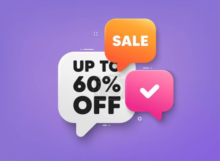 Illustration for Up to 60 percent off sale. 3d bubble chat banner. Discount offer coupon. Discount offer price sign. Special offer symbol. Save 60 percentages. Discount tag adhesive tag. Promo banner. Vector - Royalty Free Image
