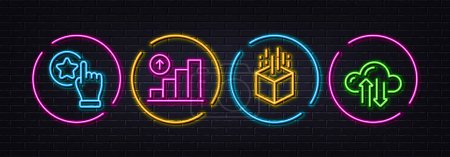 Illustration for Graph chart, Rate button and Augmented reality minimal line icons. Neon laser 3d lights. Cloud sync icons. For web, application, printing. Growth report, Favorite, Virtual reality. Vector - Royalty Free Image