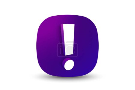 Illustration for Exclamation mark on neon gradient button. Attention, important 3d icon. Attention symbol, important sign and alert exclamation mark. Neon 3d square button. Vector - Royalty Free Image