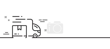 Téléchargez les illustrations : Ligne de camion de livraison icône. Panneau de service logistique. Exporter le symbole des boîtes de fret. Illustration de ligne minimale. Bannière de modèle icône de ligne de camion de livraison. Concept de gabarit Web blanc. Vecteur - en licence libre de droit