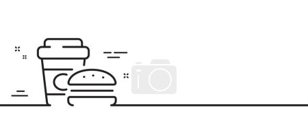 Ilustración de Icono de línea de comida rápida. Hamburguesa con signo de bebida. Un símbolo de hamburguesa con queso. Fondo de ilustración de línea mínima. Banner patrón de icono de línea de comida rápida. Concepto de plantilla web blanca. Vector - Imagen libre de derechos