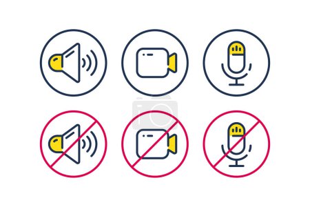 Illustration for Speaker, mic and video camera line icons. Video conference, webinar and podcast icon. Mute audio, record microphone and video chat. UI line sound, mic and webinar buttons. Vector - Royalty Free Image