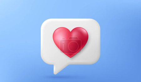 Illustration for 3d love like icon. Notification chat bubble with heart isolated on blue background. Favorite message, best feedback and 3d follow chat box. Love heart bubble. Social media comment. Vector - Royalty Free Image