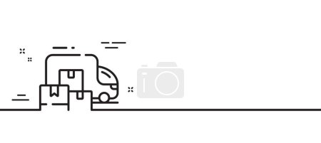 Téléchargez les illustrations : Ligne de camion de livraison icône. Panneau de déménagement. Choses symbole de transport. Illustration de ligne minimale. Bannière de modèle icône de ligne de camion de livraison. Concept de gabarit Web blanc. Vecteur - en licence libre de droit