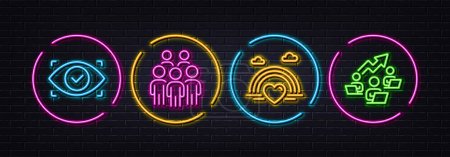 Illustration for Lgbt, Biometric eye and Group people minimal line icons. Neon laser 3d lights. Teamwork chart icons. For web, application, printing. Rainbow heart, Security scan, Business meeting. Networking. Vector - Royalty Free Image