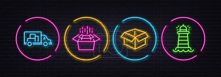 Illustration for Open box, Truck transport and Packing boxes minimal line icons. Neon laser 3d lights. Lighthouse icons. For web, application, printing. Delivery package, Delivery, Searchlight tower. Vector - Royalty Free Image