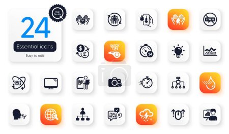 Illustration for Set of Science flat icons. Photo camera, Quarantine and Presentation board elements for web application. Stop stress, Breathing exercise, Currency exchange icons. Tutorials. Vector - Royalty Free Image