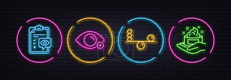 Illustration for Eye checklist, Farsightedness and Balance minimal line icons. Neon laser 3d lights. Skin care icons. For web, application, printing. Optometry, Eye vision, Concentration. Hand cream. Vector - Royalty Free Image