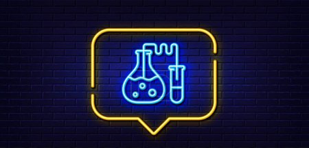 Illustration for Neon light speech bubble. Chemistry lab line icon. Laboratory flask sign. Analysis symbol. Neon light background. Chemistry lab glow line. Brick wall banner. Vector - Royalty Free Image