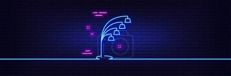 Illustration for Neon light glow effect. Floor lamp line icon. Stand light sign. Interior illuminate symbol. 3d line neon glow icon. Brick wall banner. Floor lamp outline. Vector - Royalty Free Image