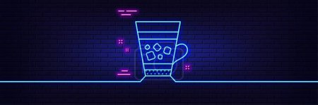Illustration for Neon light glow effect. Frappe coffee icon. Cold drink sign. Beverage symbol. 3d line neon glow icon. Brick wall banner. Frappe outline. Vector - Royalty Free Image