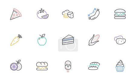 Illustration for Food line icons. Vegetables, Fruits and Sweet Desserts icons. Potato slices, corn and fresh carrot. Corn, Apple and Orange. Cake, Ice cream and Cupcake icon. Pizza, burger and sausages. Vector - Royalty Free Image