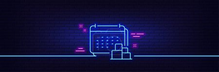 Illustration for Neon light glow effect. Delivery schedule line icon. Logistics calendar sign. Cargo reminder symbol. 3d line neon glow icon. Brick wall banner. Delivery outline. Vector - Royalty Free Image