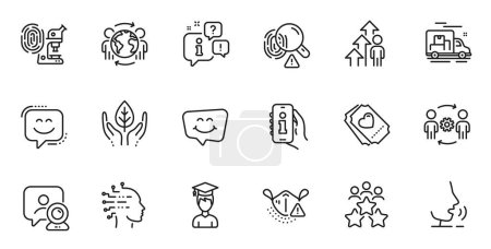 Illustration for Outline set of Smile chat, Medical mask and Engineering team line icons for web application. Talk, information, delivery truck outline icon. Vector - Royalty Free Image