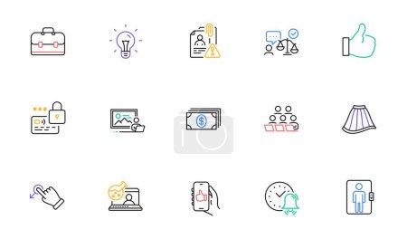 Illustration for Idea, Drag drop and Like line icons for website, printing. Collection of Like app, Lock, Lawyer icons. Teamwork, Portfolio, Banking web elements. Elevator, Online chemistry, Photo studio. Vector - Royalty Free Image