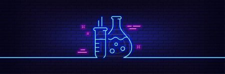 Illustration for Neon light glow effect. Chemistry flask line icon. Laboratory tube sign. Analysis lab symbol. 3d line neon glow icon. Brick wall banner. Chemistry flask outline. Vector - Royalty Free Image