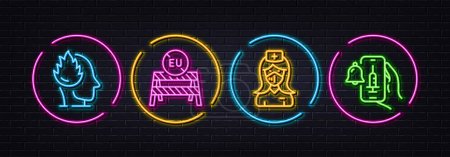 Illustration for Eu close borders, Stress and Nurse minimal line icons. Neon laser 3d lights. Vaccine announcement icons. For web, application, printing. Coronavirus restrictions, Mind anxiety, Medical mask. Vector - Royalty Free Image