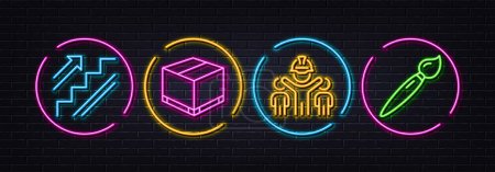 Illustration for Engineering team, Delivery box and Stairs minimal line icons. Neon laser 3d lights. Brush icons. For web, application, printing. Engineer person, Cargo package, Stairway. Art brush. Vector - Royalty Free Image