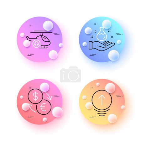 Illustration for Chemistry lab, Currency exchange and Medical helicopter minimal line icons. 3d spheres or balls buttons. Swipe up icons. For web, application, printing. Vector - Royalty Free Image