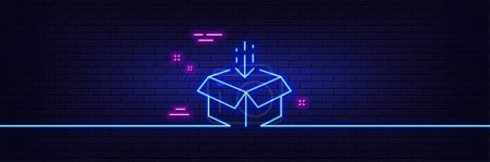 Illustration for Neon light glow effect. Get box line icon. Open delivery parcel sign. Cargo package symbol. 3d line neon glow icon. Brick wall banner. Get box outline. Vector - Royalty Free Image