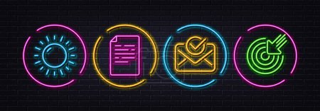 Illustration for Approved mail, Sun energy and Document minimal line icons. Neon laser 3d lights. Targeting icons. For web, application, printing. Confirmed document, Solar power, Page file. Click. Vector - Royalty Free Image