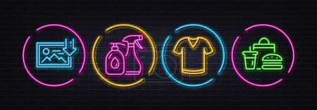 Illustration for T-shirt, Cleaning liquids and Download photo minimal line icons. Neon laser 3d lights. Fast food icons. For web, application, printing. Short sleeves shirt, Antiseptic soap, Image placeholder. Vector - Royalty Free Image