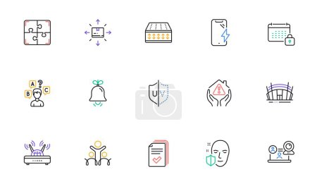 Illustration for Quiz test, Smartphone charging and Wifi line icons for website, printing. Collection of Arena stadium, Uv protection, Face protection icons. Flexible mattress, Inclusion, Calendar web elements. Vector - Royalty Free Image