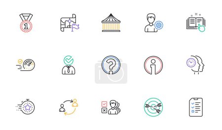 Illustration for Time management, User communication and Destination flag line icons for website, printing. Collection of Timer, Best rank, Support icons. Speedometer, Targeting, Question mark web elements. Vector - Royalty Free Image