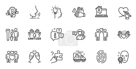 Ilustración de Conjunto de contornos de los iconos de la línea Fingerprint, Dont touch y Love couple para aplicaciones web. Hablar, información, entrega icono contorno del camión. Incluir rompecabezas de búsqueda, Amigos pareja, Iconos de casa de trabajo. Vector - Imagen libre de derechos