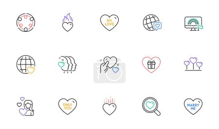 Illustration for Love, Love heart and Inclusion line icons for website, printing. Collection of Hold heart, World brand, Friends couple icons. Romantic gift, Lgbt, Marry me web elements. Only you. Vector - Royalty Free Image
