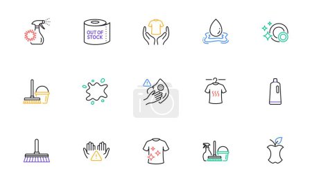Ilustración de Platos limpios, Coronavirus spray y seco de la línea de la camiseta iconos para el sitio web, impresión. Recogida de fregona de limpieza, Residuos orgánicos, Iconos de camiseta limpia. Salpicadura de agua, lugar sucio. Vector - Imagen libre de derechos
