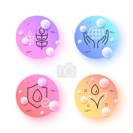 Illustration for Waterproof, Plants watering and Organic tested minimal line icons. 3d spheres or balls buttons. Gluten free icons. For web, application, printing. Water resistant, Water drop, Safe nature. Vector - Royalty Free Image