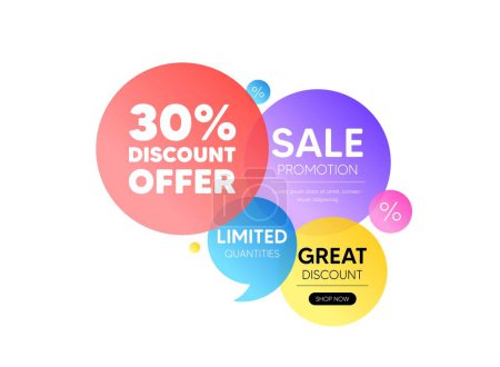 Illustration for Discount offer bubble banner. 30 percent discount tag. Sale offer price sign. Special offer symbol. Promo coupon banner. Discount round tag. Quote shape element. Vector - Royalty Free Image