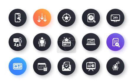 Illustration for Minimal set of Inspect, Presentation and Safe box flat icons for web development. Group, Smartphone repair, 24h service icons. Account, Approved mail, Scroll down web elements. Vector - Royalty Free Image