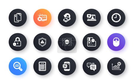Illustration for Minimal set of 5g internet, Lock and Cyber attack flat icons for web development. Reject access, Smartphone, Data analysis icons. Computer mouse, Calculator, 5g phone web elements. Vector - Royalty Free Image