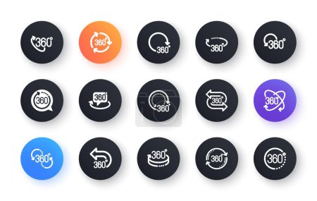Téléchargez les illustrations : 360 degrees icons. Rotate arrow, VR panoramic simulation and augmented reality. 360 degrees virtual gaming, abstract geometry, full rotation view icons. Classic set. Circle web buttons. Vector - en licence libre de droit