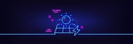 Illustration for Neon light glow effect. Solar panels line icon. Electricity sun energy sign. Lightning bolt symbol. 3d line neon glow icon. Brick wall banner. Solar panels outline. Vector - Royalty Free Image