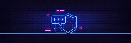 Illustration for Neon light glow effect. Shield line icon. Privacy secure sign. Safe defense symbol. 3d line neon glow icon. Brick wall banner. Shield outline. Vector - Royalty Free Image