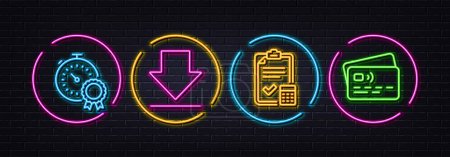 Illustration for Downloading, Accounting checklist and Best result minimal line icons. Neon laser 3d lights. Card icons. For web, application, printing. Load information, Calculator, Timer award. Bank payment. Vector - Royalty Free Image