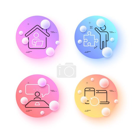 Illustration for Recovery devices, Interview job and Work home minimal line icons. 3d spheres or balls buttons. Strategy icons. For web, application, printing. Backup data, Consulting, Freelance work. Vector - Royalty Free Image