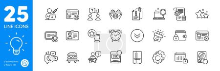 Illustration for Outline icons set. Reject web, Podium and Food delivery icons. Light bulb, Calendar, Stars web elements. Certificate, Scroll down, Settings blueprint signs. Lock, Settings gears. Vector - Royalty Free Image