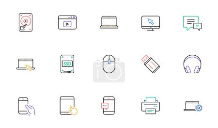 Illustration for Device line icons. Laptop, SSD and Headphones. Printer linear icon set. Bicolor outline web elements. Vector - Royalty Free Image
