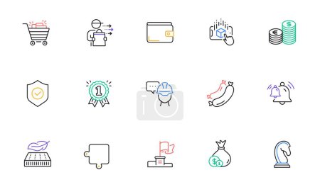 Illustration for Foreman, Augmented reality and Bell line icons for website, printing. Collection of Currency, Puzzle, Security shield icons. Marketing strategy, Money wallet, Winner flag web elements. Vector - Royalty Free Image